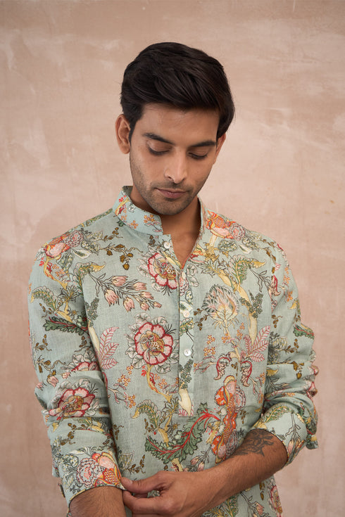 Sea Green Zaal Linen Kurta Set